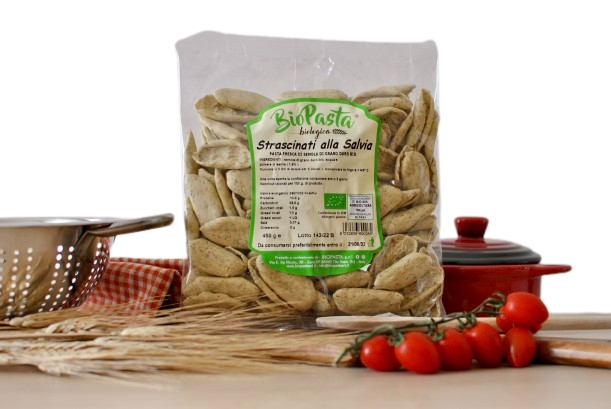 Fresh organic Strascinati with Sage, typical Lucanian artisan pasta